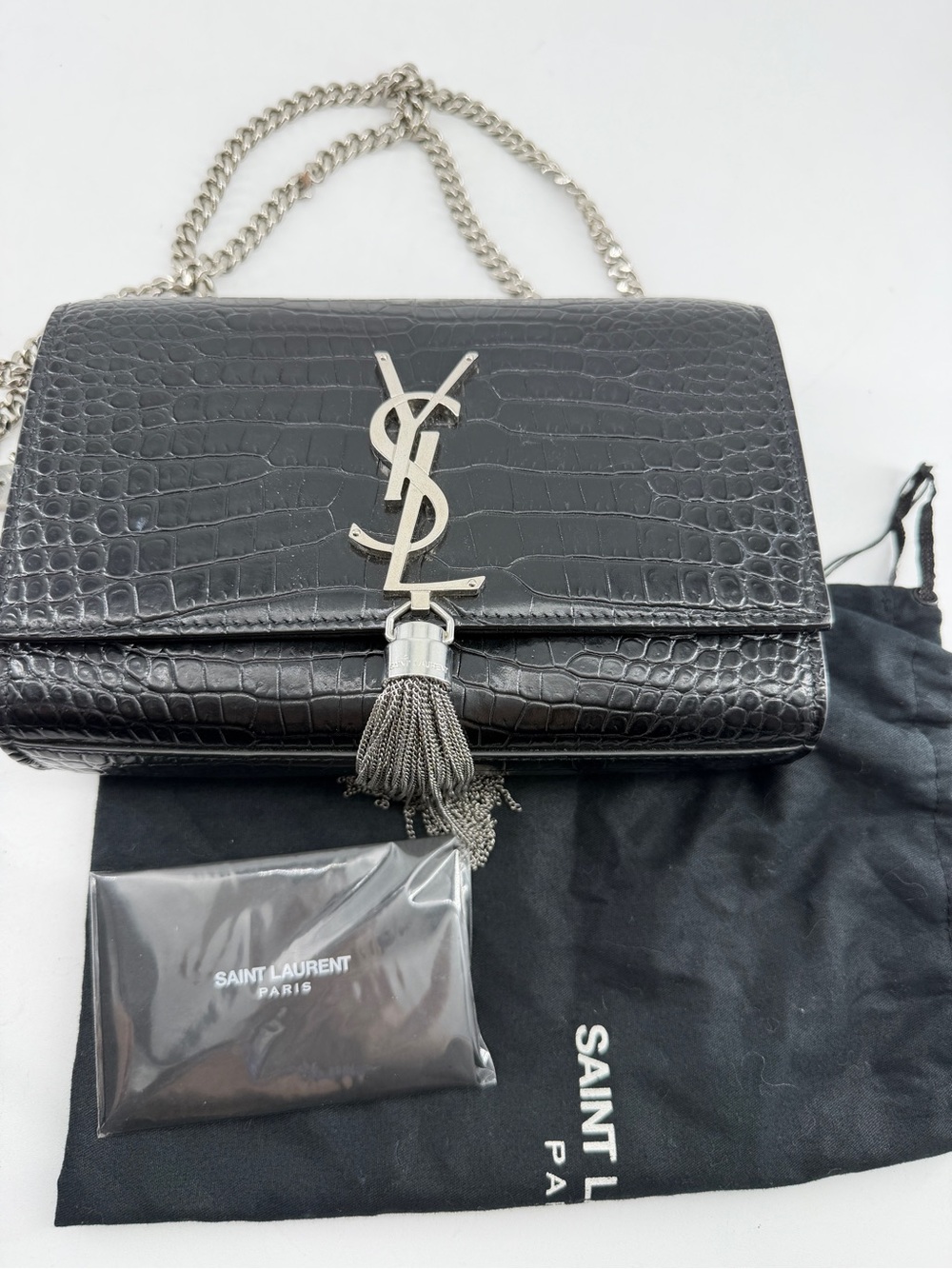 Saint Laurent Kate Monogramme Black Croc-Embossed Leather Bag with Tassel - Picture 11 of 11